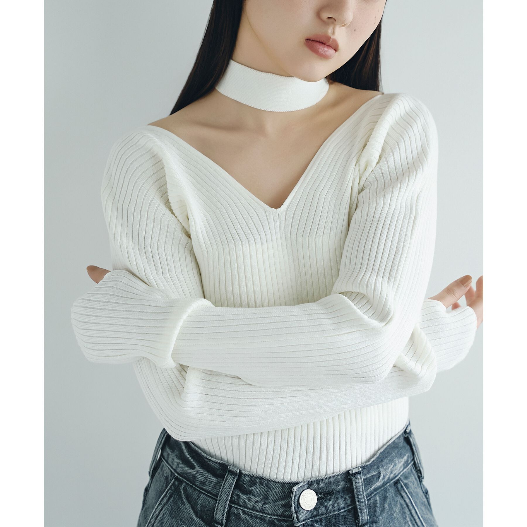 CODE A「open neck bow knit」|ニット・セーター|ホワイト(001)