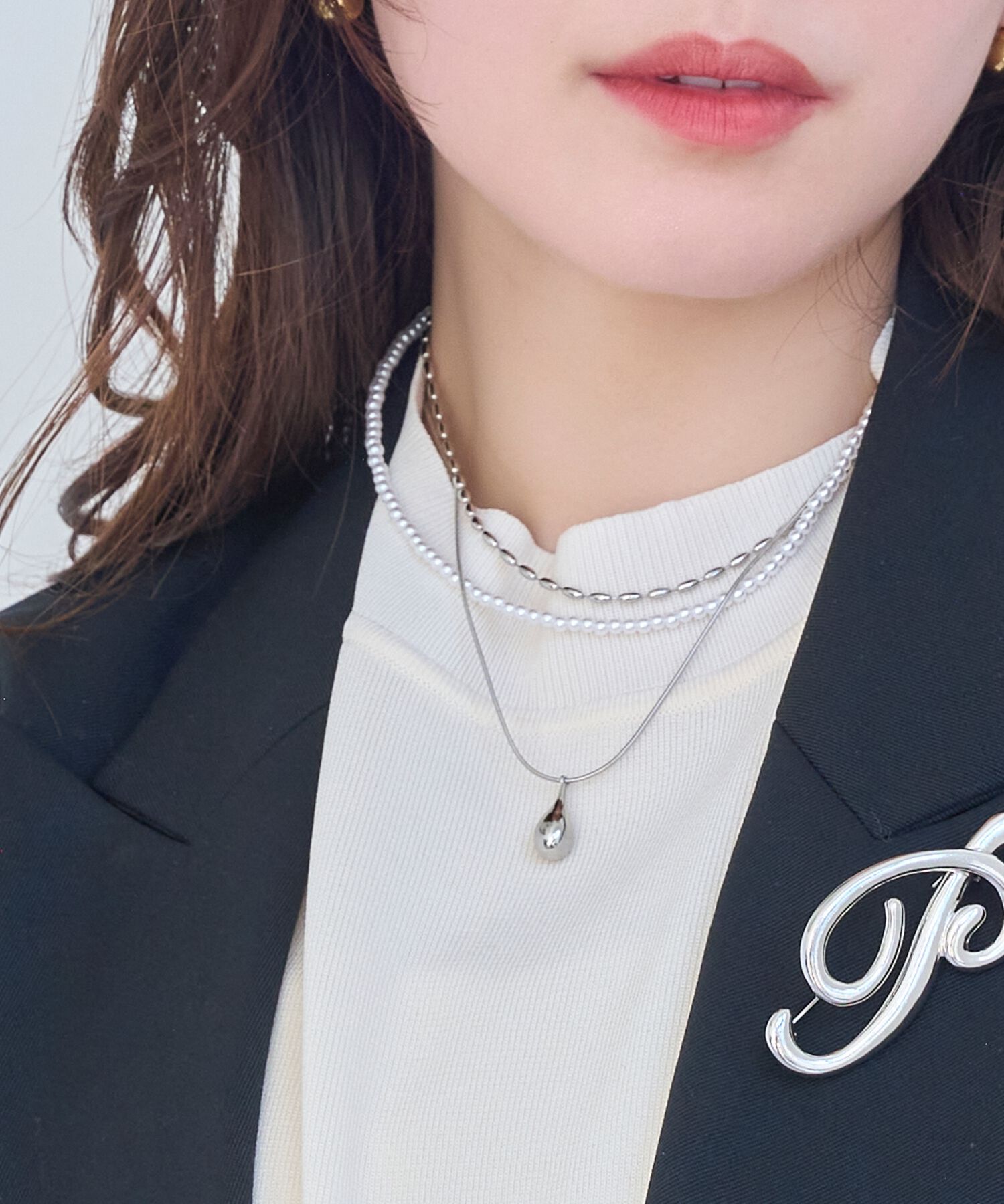 Phoebe「パール&times;ドロップメタル3連ネックレス　シルバー」|ネックレス|シルバー