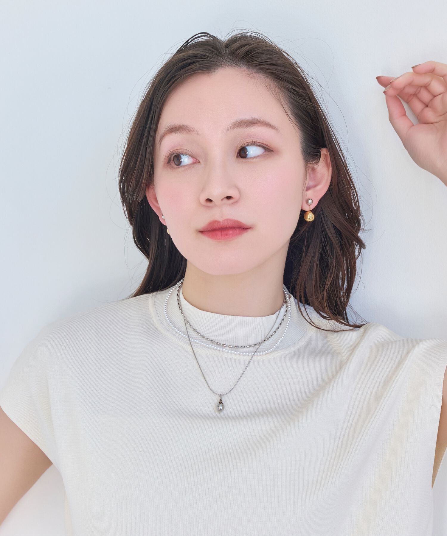 Phoebe「パール&times;ドロップメタル3連ネックレス　シルバー」|ネックレス|