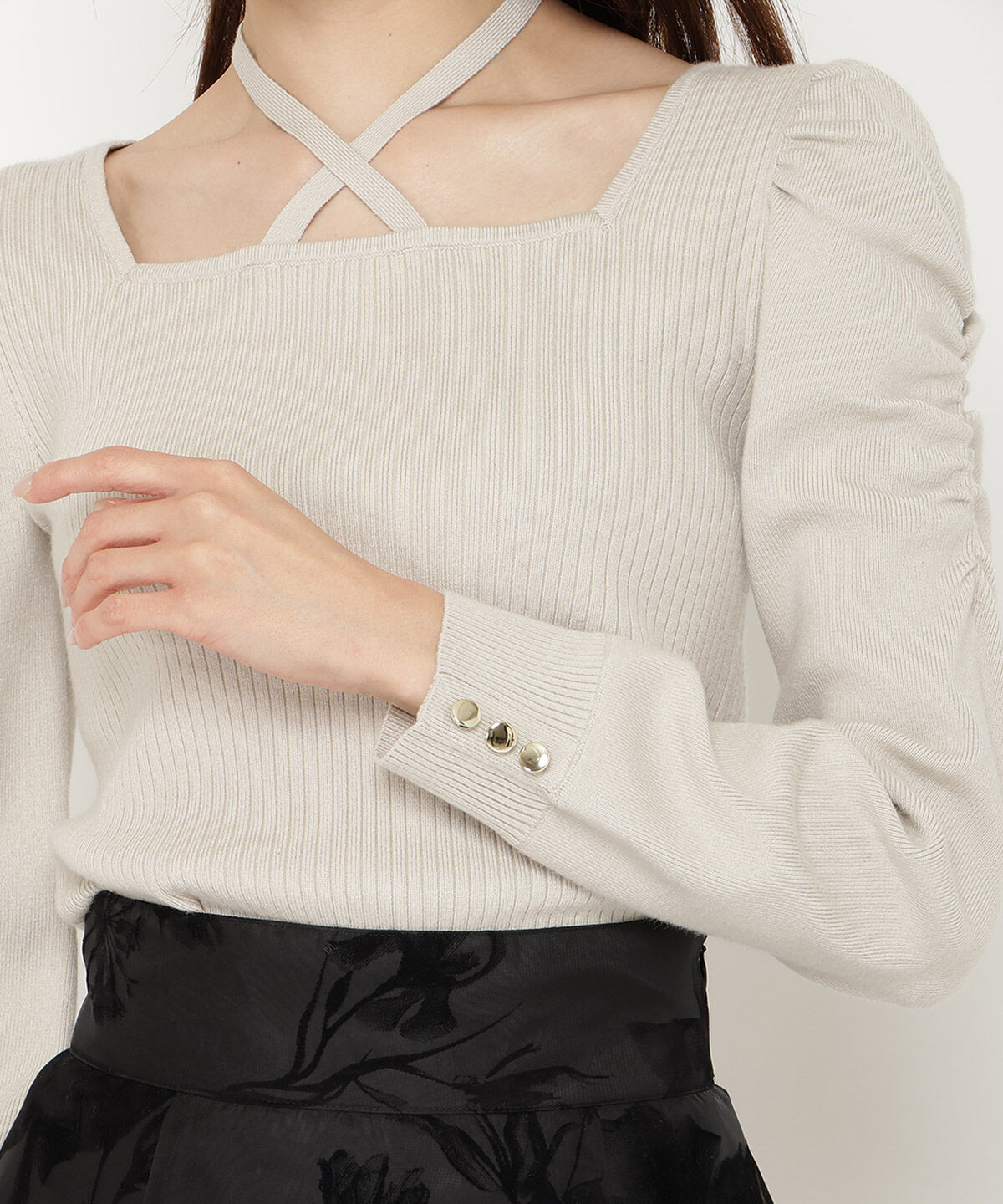 アンドクチュール「スクエアネック袖ギャザープルオーバー」|ニット・セーター|