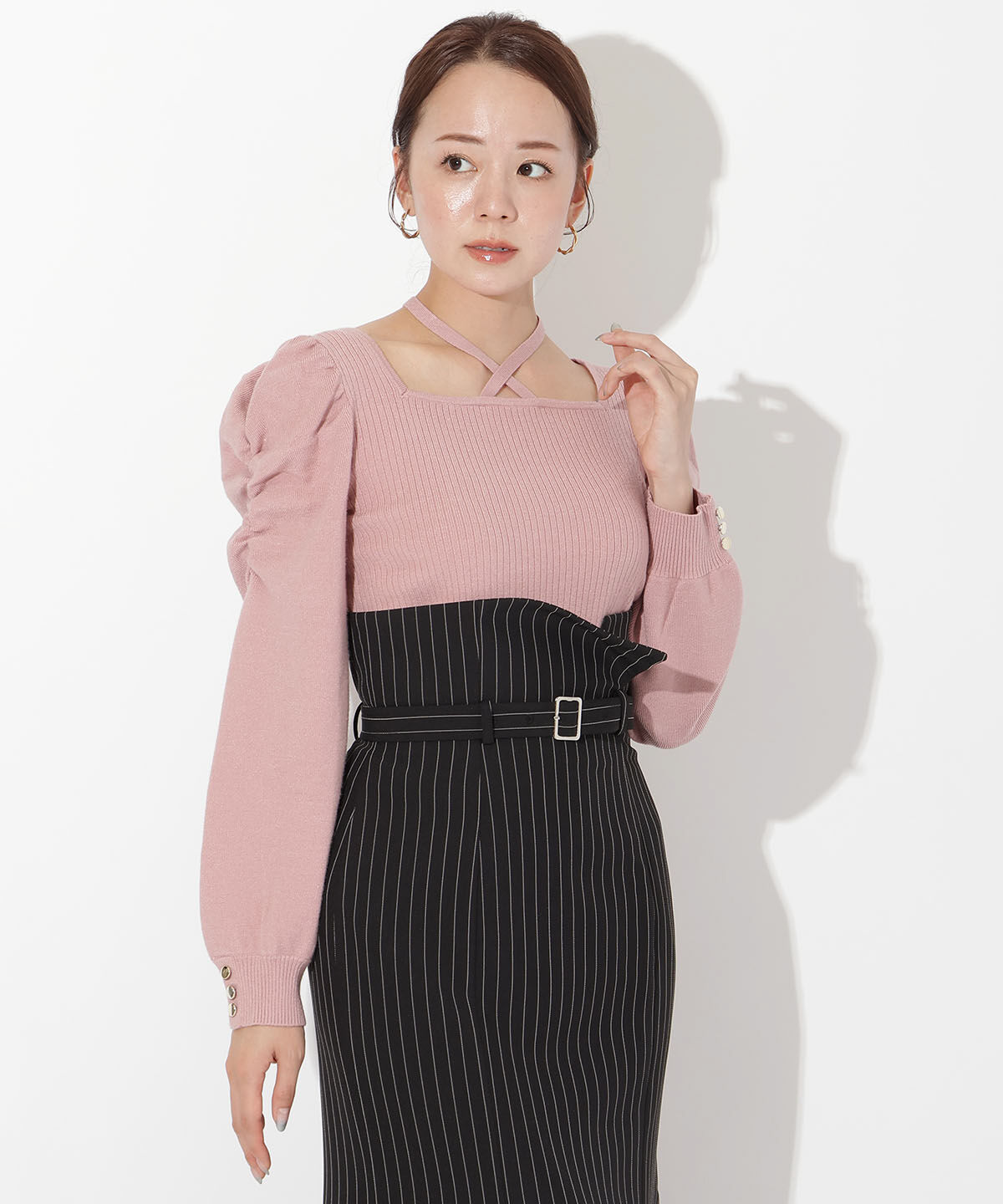 アンドクチュール「スクエアネック袖ギャザープルオーバー」|ニット・セーター|ピンク