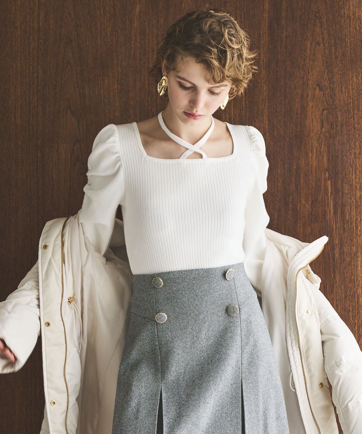 アンドクチュール「スクエアネック袖ギャザープルオーバー」|ニット・セーター|