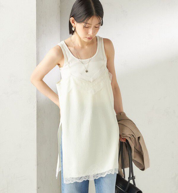 SHIPS for women「《予約》〈洗濯機可能〉ダル サテン レース スリット キャミソール」|キャミソール|