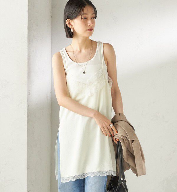 SHIPS for women「《予約》〈洗濯機可能〉ダル サテン レース スリット キャミソール」|キャミソール|