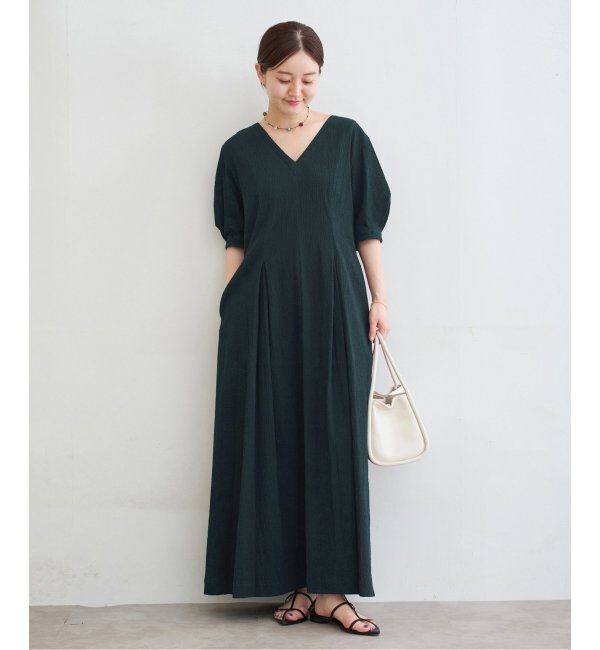 IENA「《WEB限定/追加2》B. サッカーVネックワンピース」|ワンピース|グリーン