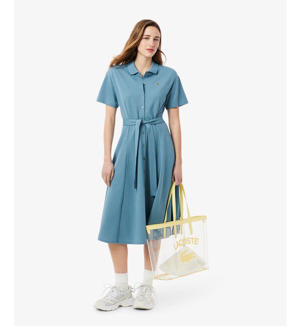 LACOSTE「鹿の子地シャツドレス ドレープフレアワンピース」|ワンピース|グレイッシュブルー