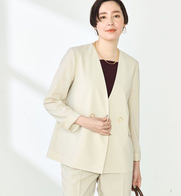 NOLLEY'S「《セットアップ対応》ウォッシャブルドライトロピカルノーカラーダブルジャケット」|ノーカラージャケット|ベージュ