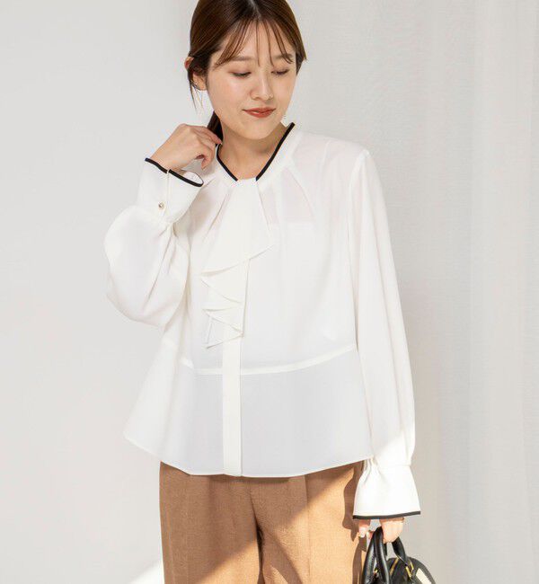 NOLLEY'S「《セットアップ対応》ウォッシャブルストレッチジョーゼットボウタイ風ペプラムブラウス」|シャツ・ブラウス|