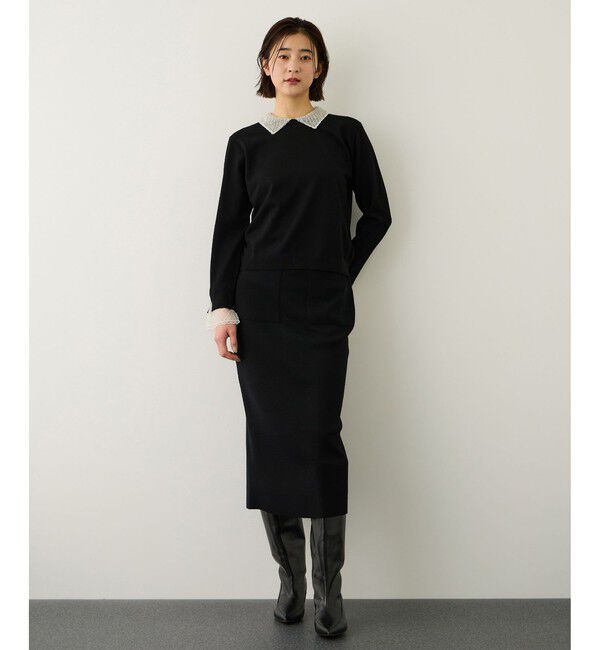 ROPE「ビジューレース襟ニットプルオーバー/イージーケア」|ニット・セーター|