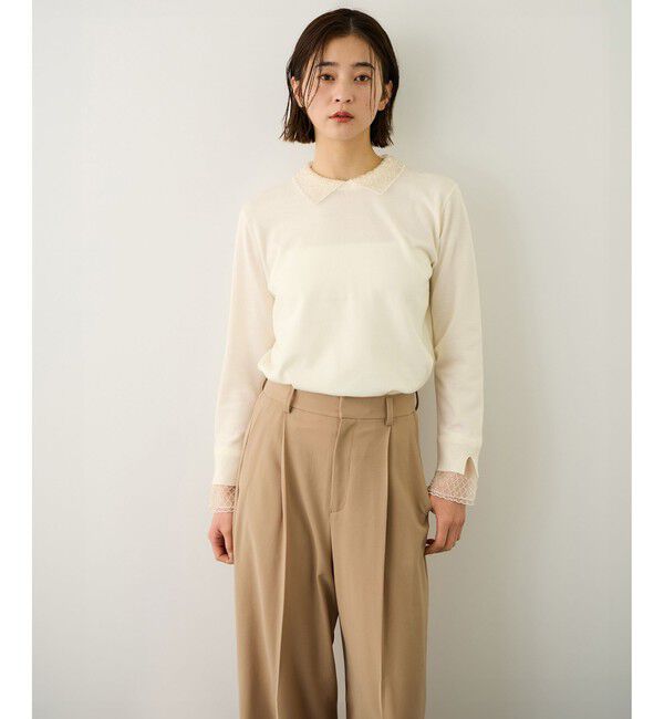 ROPE「ビジューレース襟ニットプルオーバー/イージーケア」|ニット・セーター|