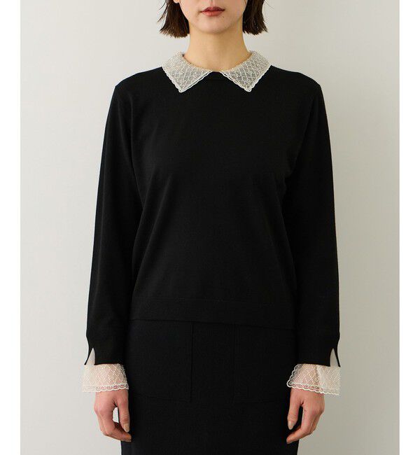 ROPE「ビジューレース襟ニットプルオーバー/イージーケア」|ニット・セーター|