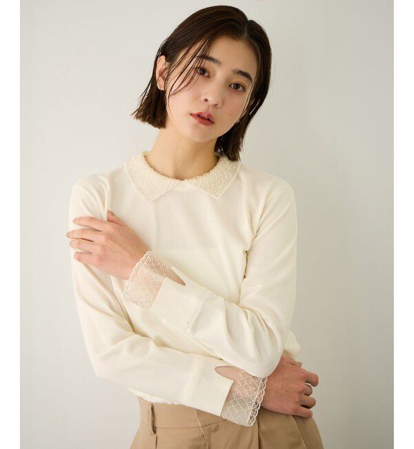 ROPE「ビジューレース襟ニットプルオーバー/イージーケア」|ニット・セーター|オフホワイト(15)