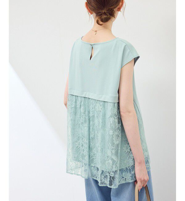 Rope&rsquo;Picnic「【UVカット・接触冷感】レースドッキングカットトップス」|Tシャツ・カットソー|ライトグリン(33)