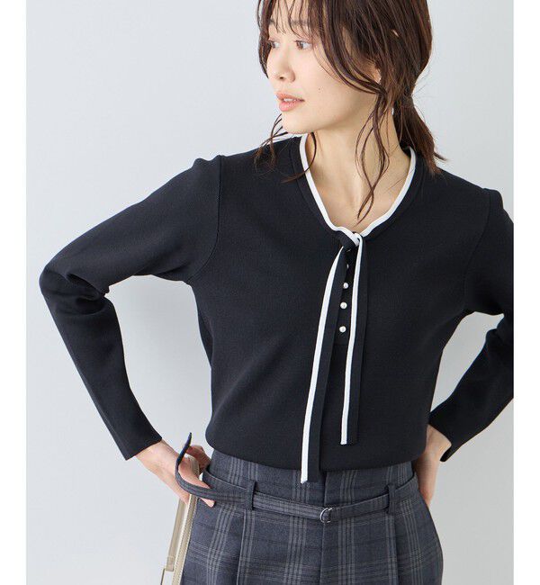 Rope&rsquo;Picnic「配色リボンパールニット」|ニット・セーター|ブラック(01)