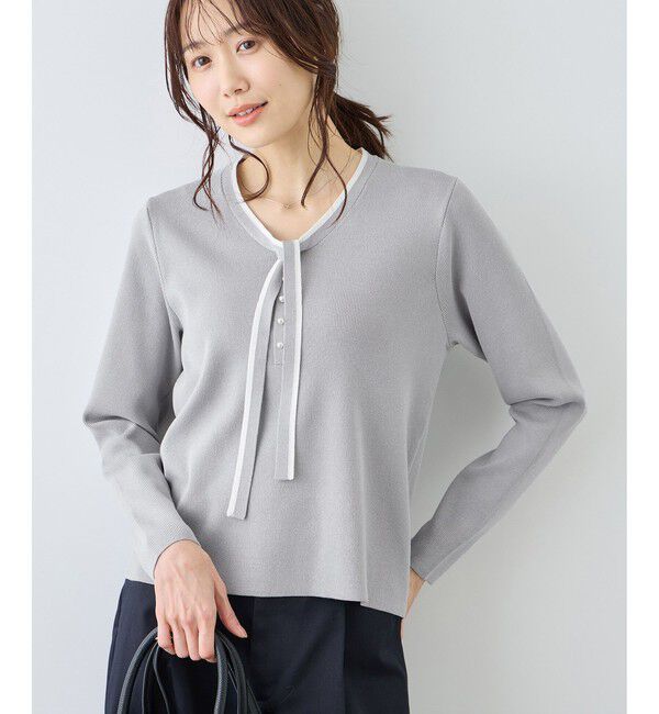 Rope&rsquo;Picnic「配色リボンパールニット」|ニット・セーター|ライトグレー(08)