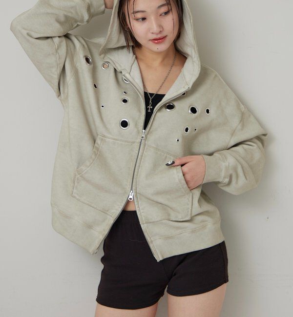  「EYELET ZIP HOODIE」|パーカー|アイボリー