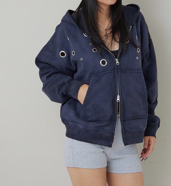  「EYELET ZIP HOODIE」|パーカー|ネイビー