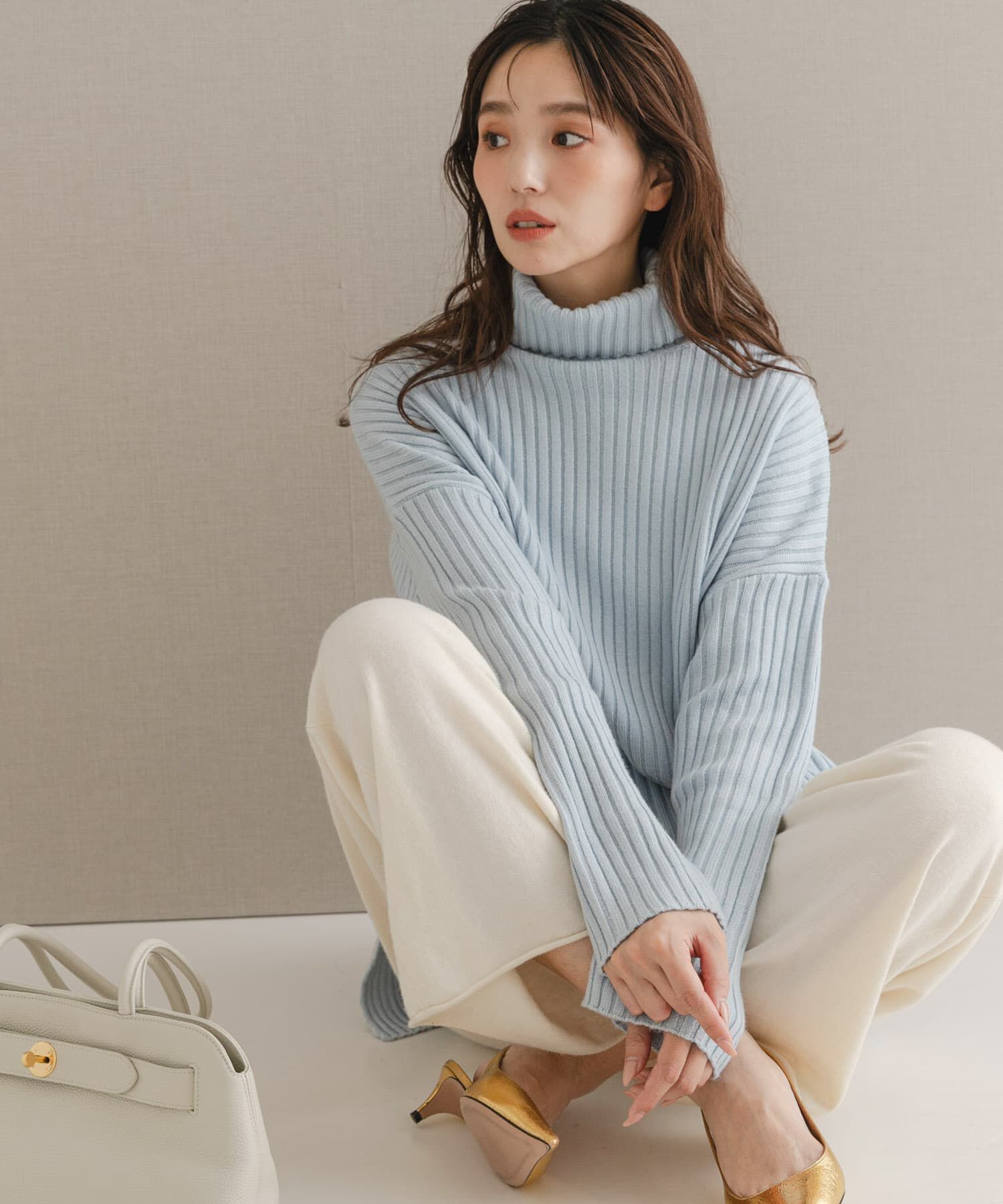 URBAN RESEARCH ROSSO「マシーンウォッシュ ワイドリブニット」|ニット・セーター|ライトブルー