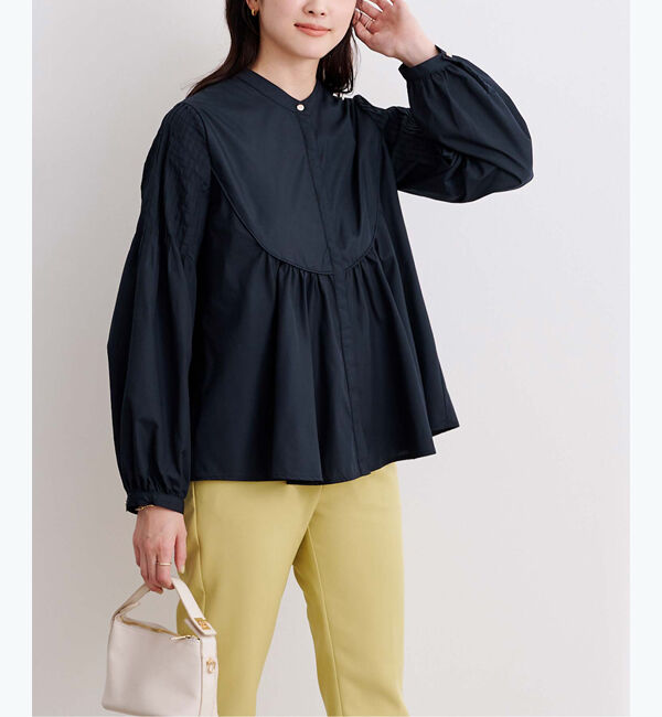 ur's「デザインスリーブバンドカラーフレアシャツ」|シャツ・ブラウス|ネイビー