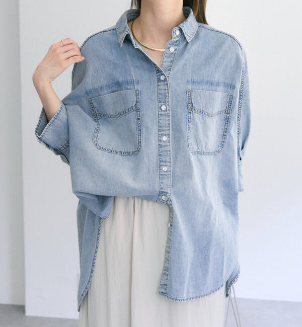  「【25th】綿麻デニムハーフスリーブブラウス」|シャツ・ブラウス|