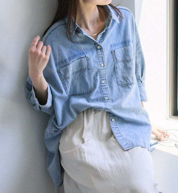  「【25th】綿麻デニムハーフスリーブブラウス」|シャツ・ブラウス|