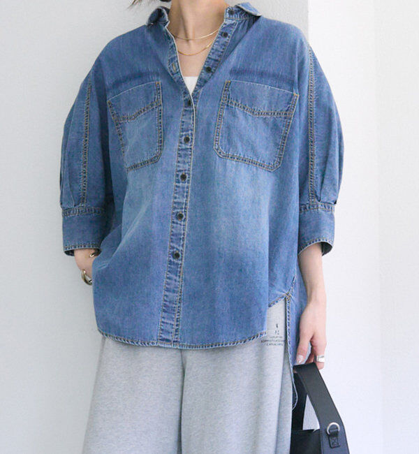  「【25th】綿麻デニムハーフスリーブブラウス」|シャツ・ブラウス|