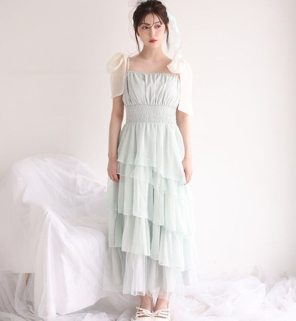  「【premiumorder】肩リボンティアードキャミワンピ」|ワンピース|