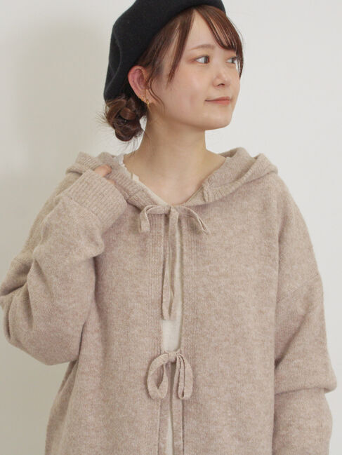 Samansa Mos2「フード付リボンカーディガン」|カーディガン|ベージュ