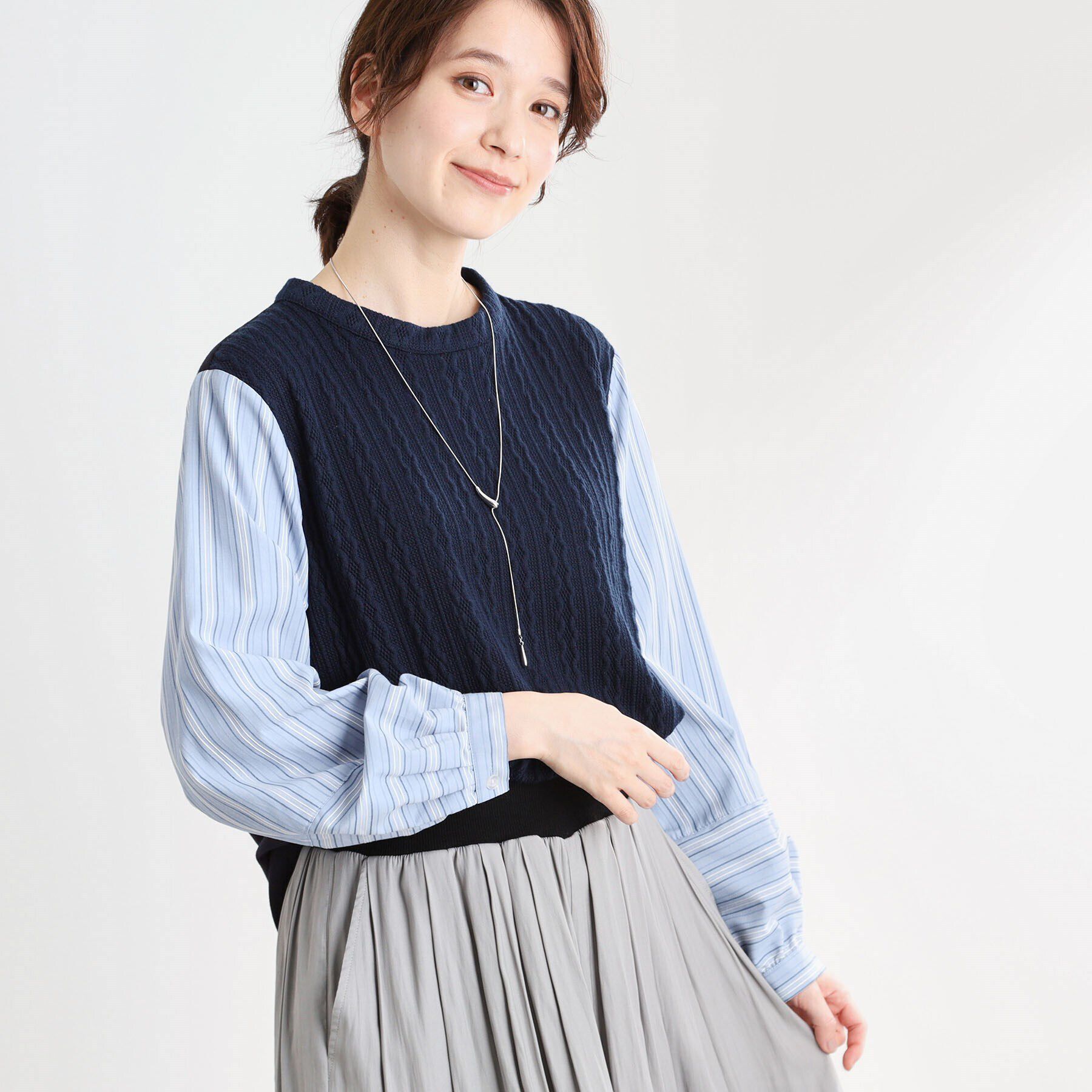 Reflect「【夏SALE／E‐QUALITY／洗える】異素材ミックスプルオーバー」|Tシャツ・カットソー|ネイビー(394)