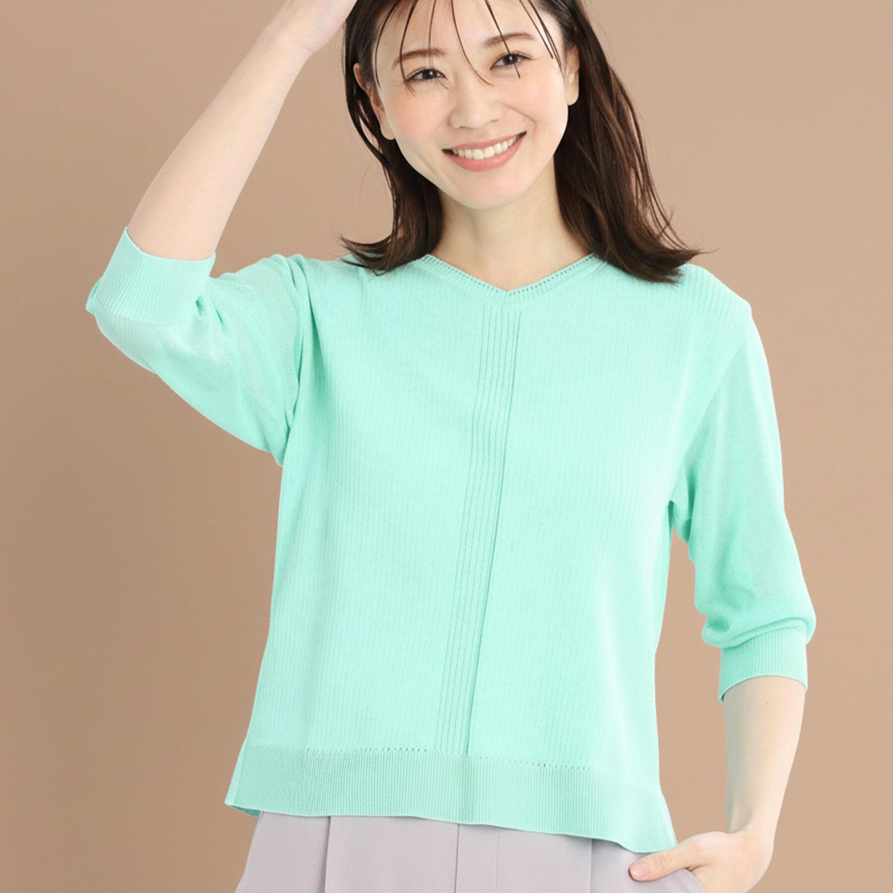 Reflect「【WEB先行カラーあり／手洗い可】透かし柄デザインニット」|ニット・セーター|ライトグリーン(02