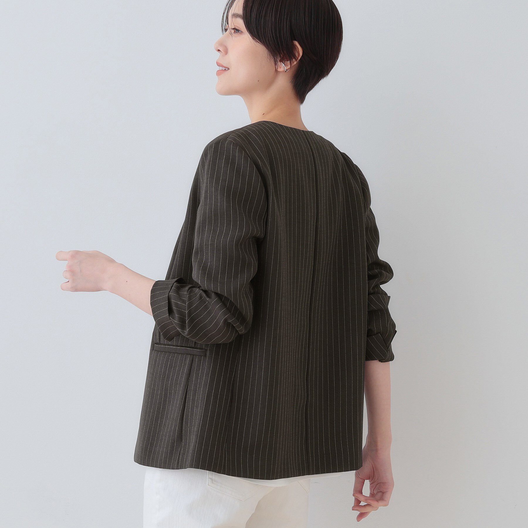 INDIVI「【こなれSETUP／ストライプ柄】リネンライクノーカラージャケット」|ノーカラージャケット|