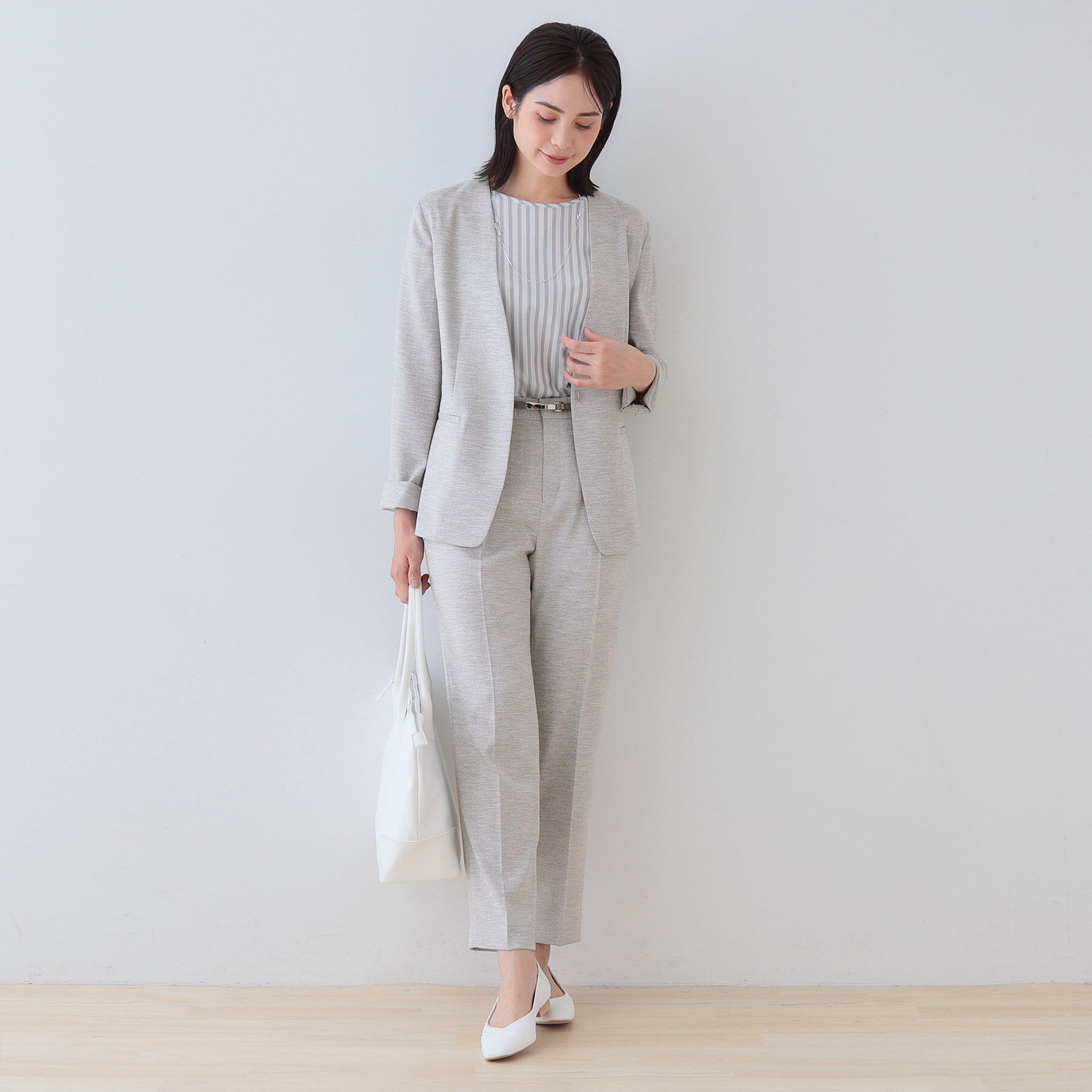 INDIVI「【こなれSETUP／ストライプ柄】リネンライクノーカラージャケット」|ノーカラージャケット|