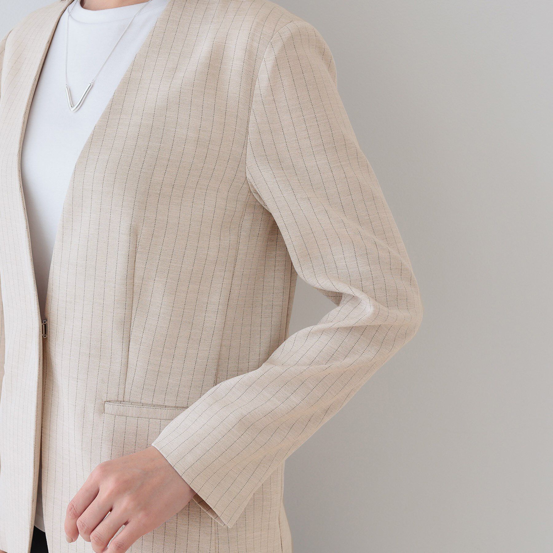 INDIVI「【こなれSETUP／ストライプ柄】リネンライクノーカラージャケット」|ノーカラージャケット|