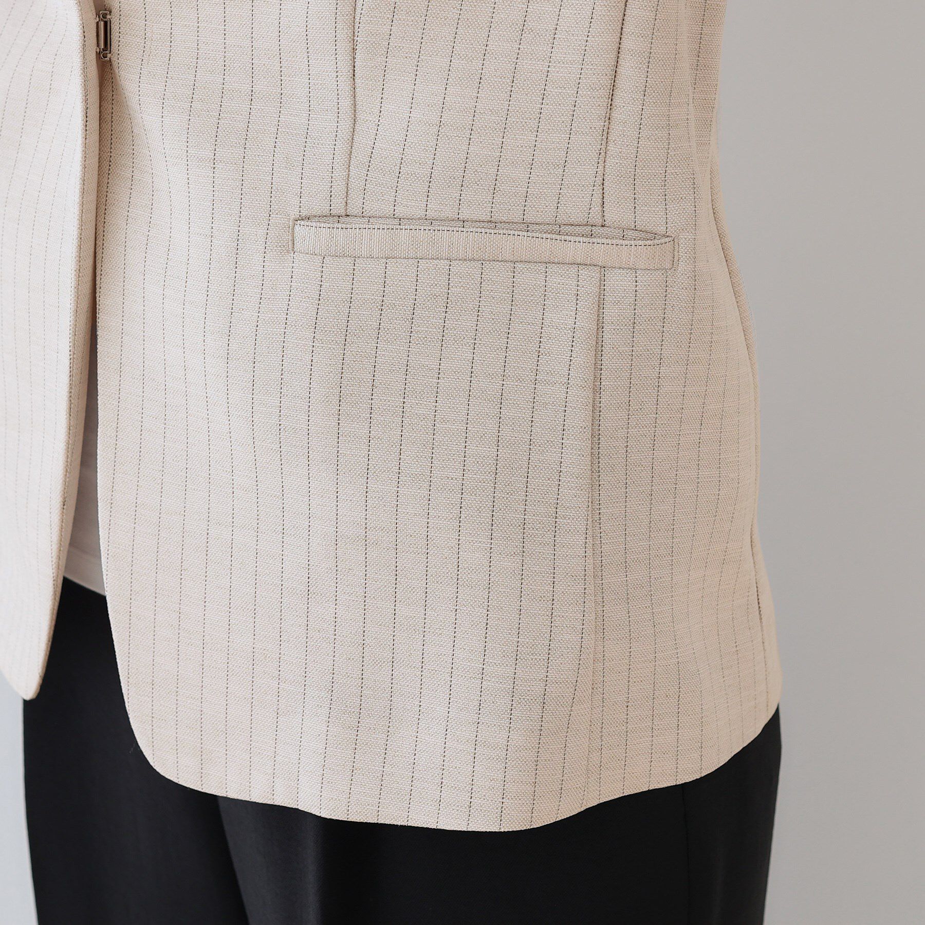 INDIVI「【こなれSETUP／ストライプ柄】リネンライクノーカラージャケット」|ノーカラージャケット|