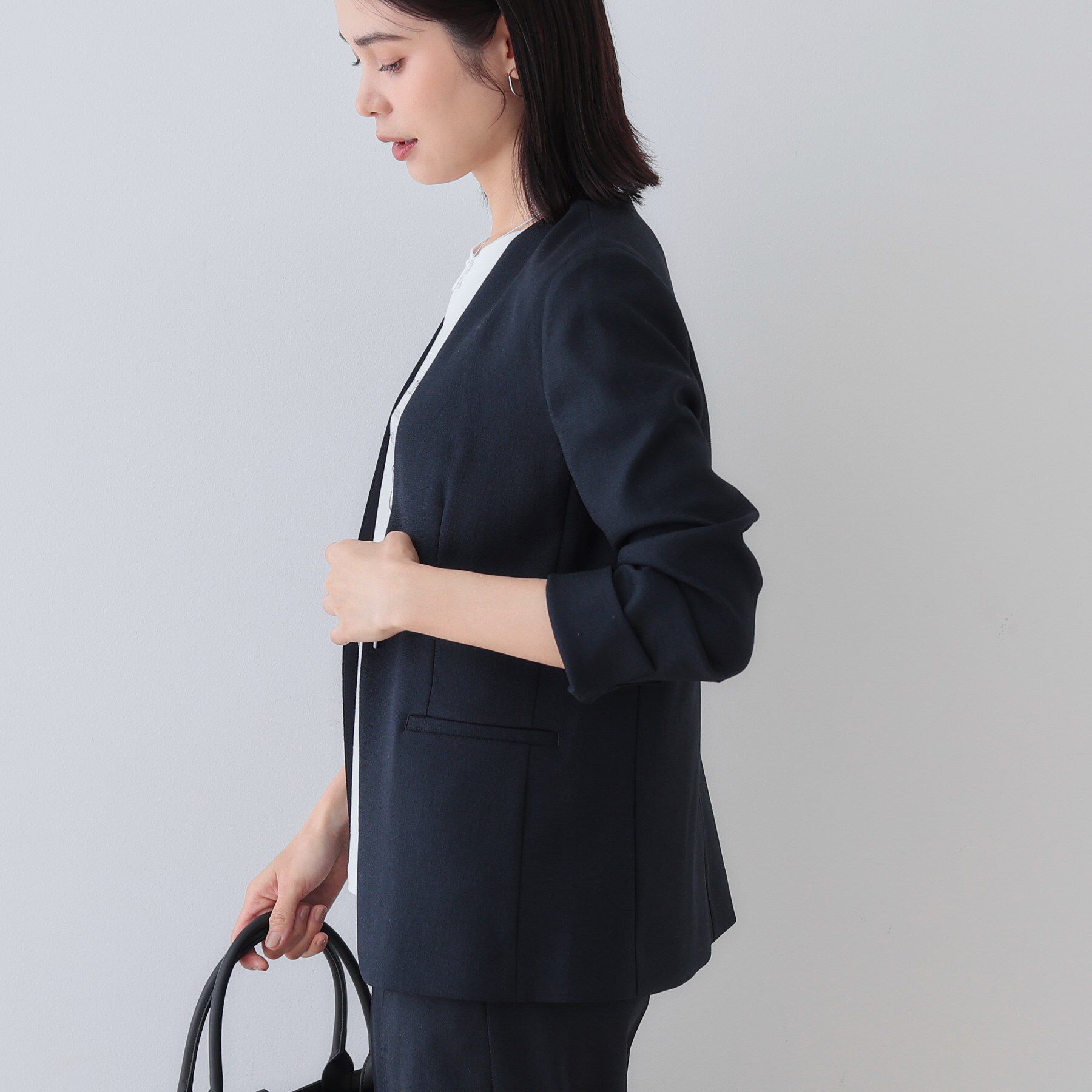 INDIVI「【こなれSETUP／ストライプ柄】リネンライクノーカラージャケット」|ノーカラージャケット|