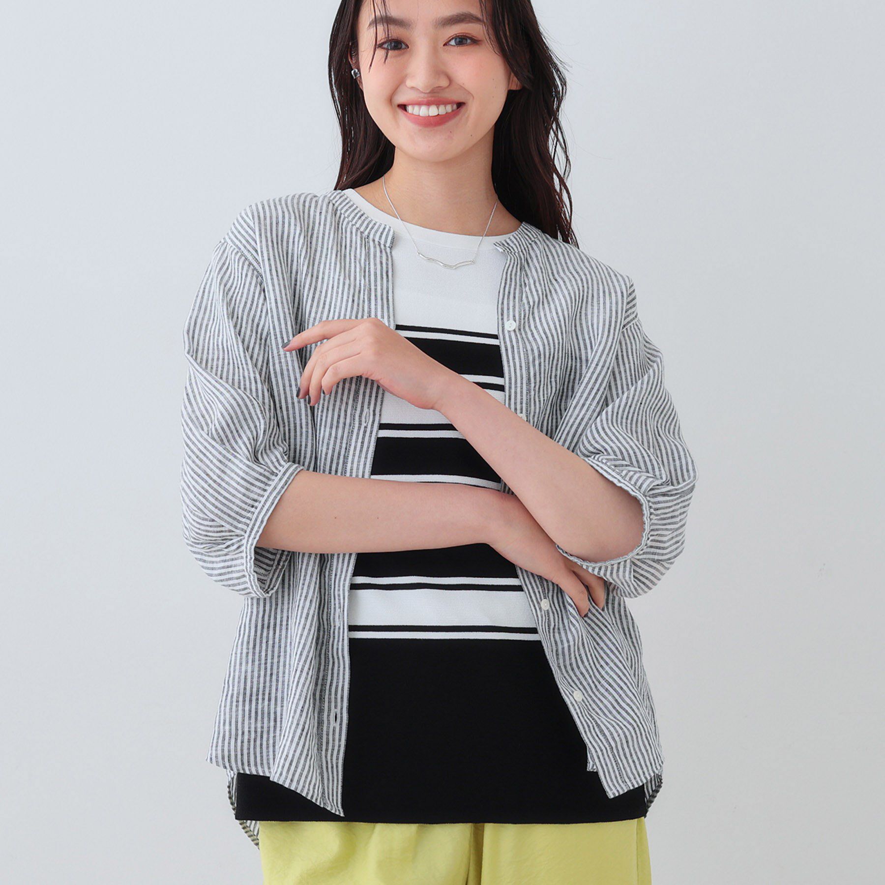 INDIVI「【毎年人気！／フレンチリネン】5分袖バンドカラーブラウス」|シャツ・ブラウス|