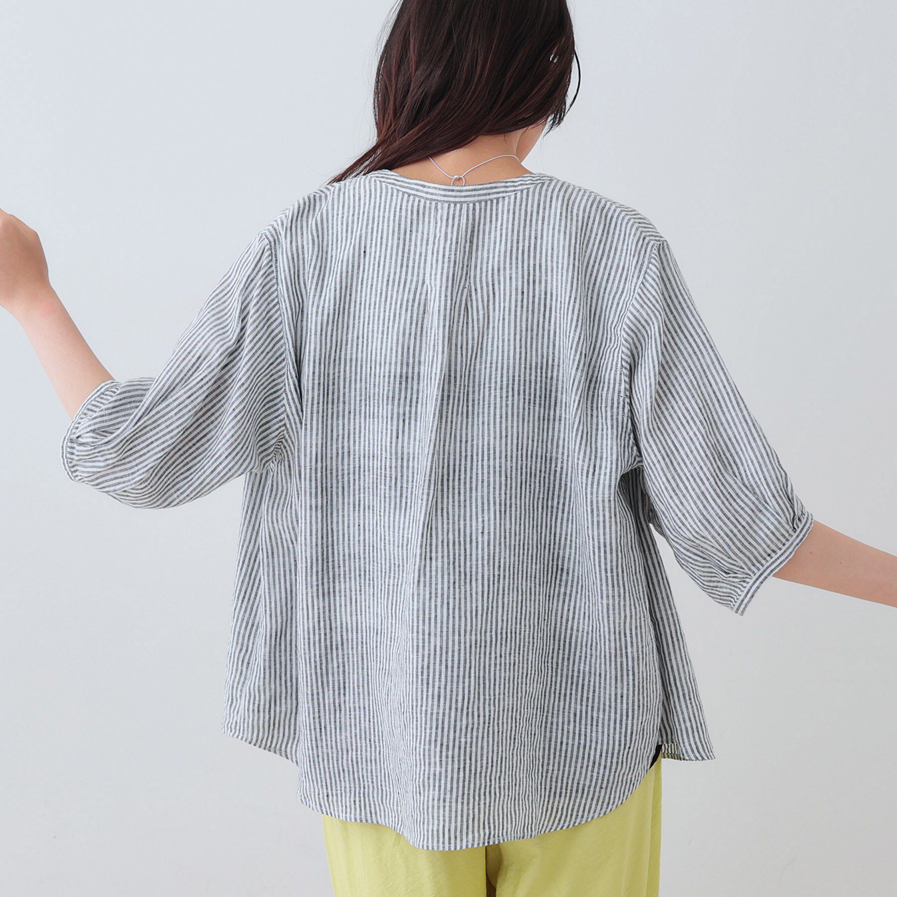 INDIVI「【毎年人気！／フレンチリネン】5分袖バンドカラーブラウス」|シャツ・ブラウス|