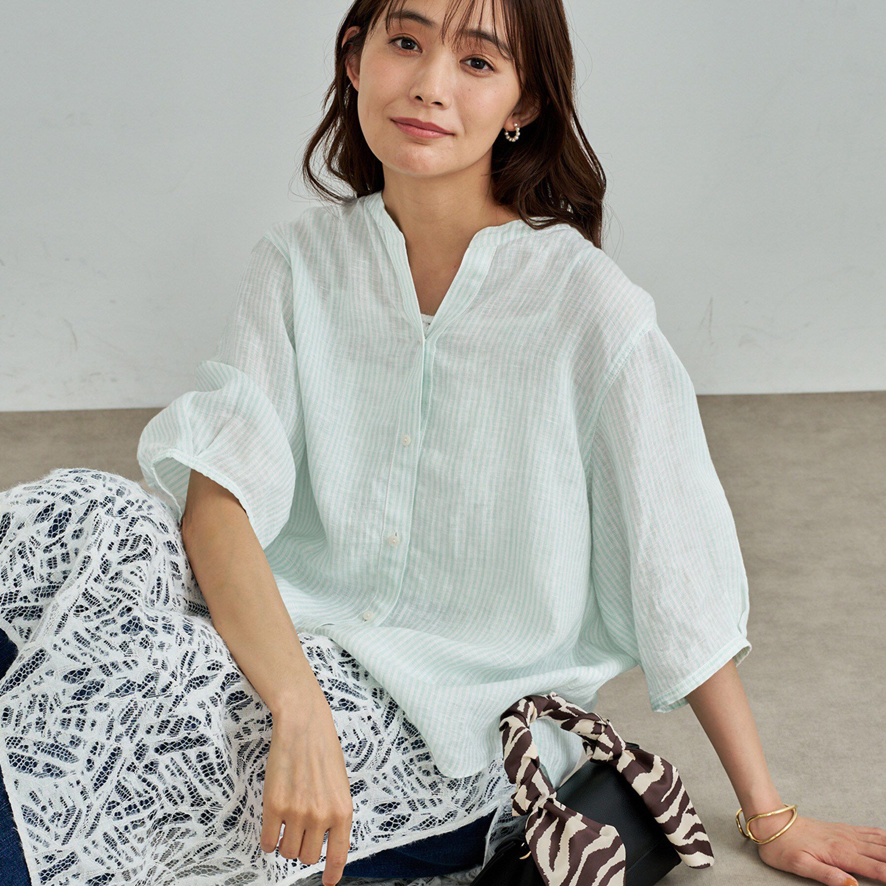 INDIVI「【毎年人気！／フレンチリネン】5分袖バンドカラーブラウス」|シャツ・ブラウス|