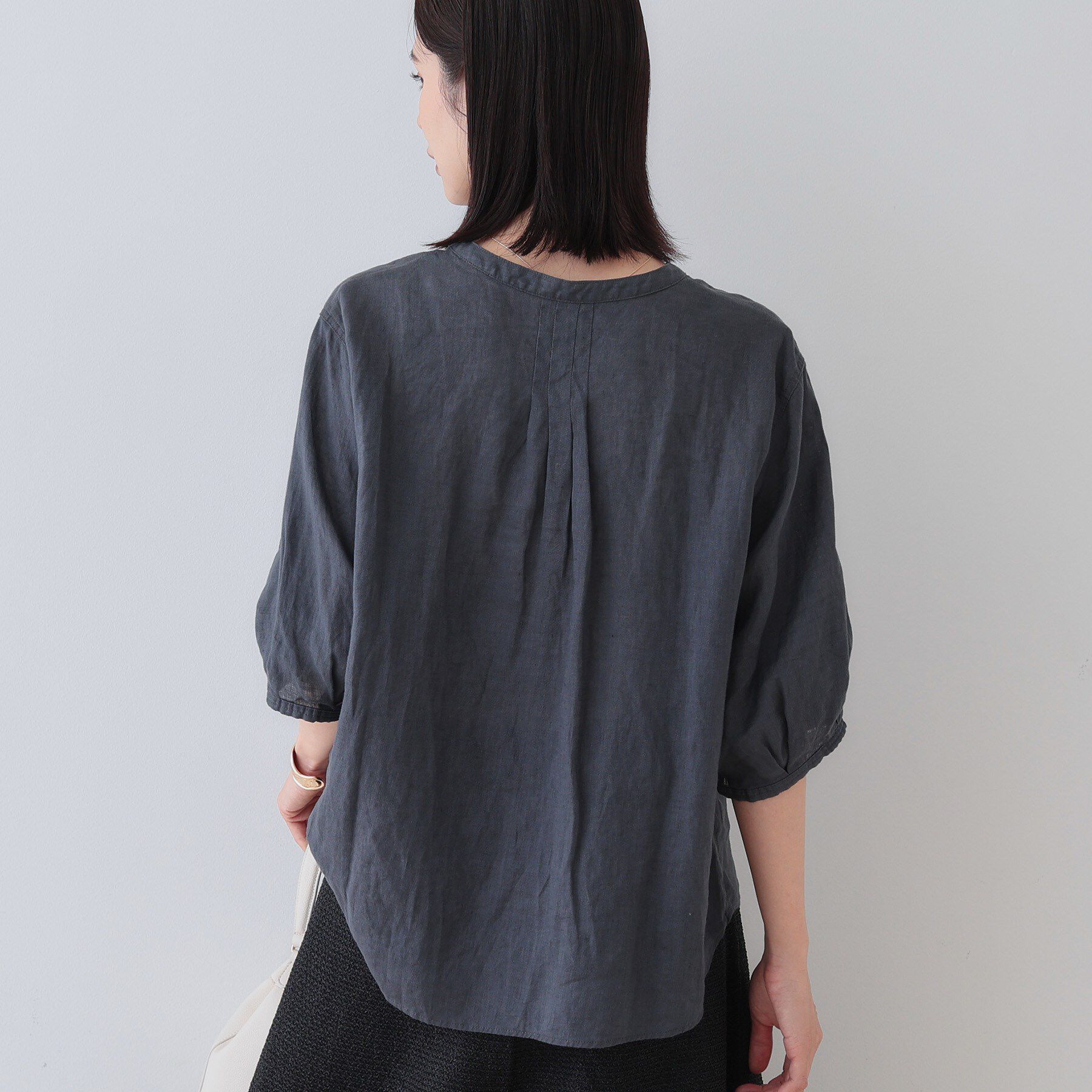 INDIVI「【毎年人気！／フレンチリネン】5分袖バンドカラーブラウス」|シャツ・ブラウス|