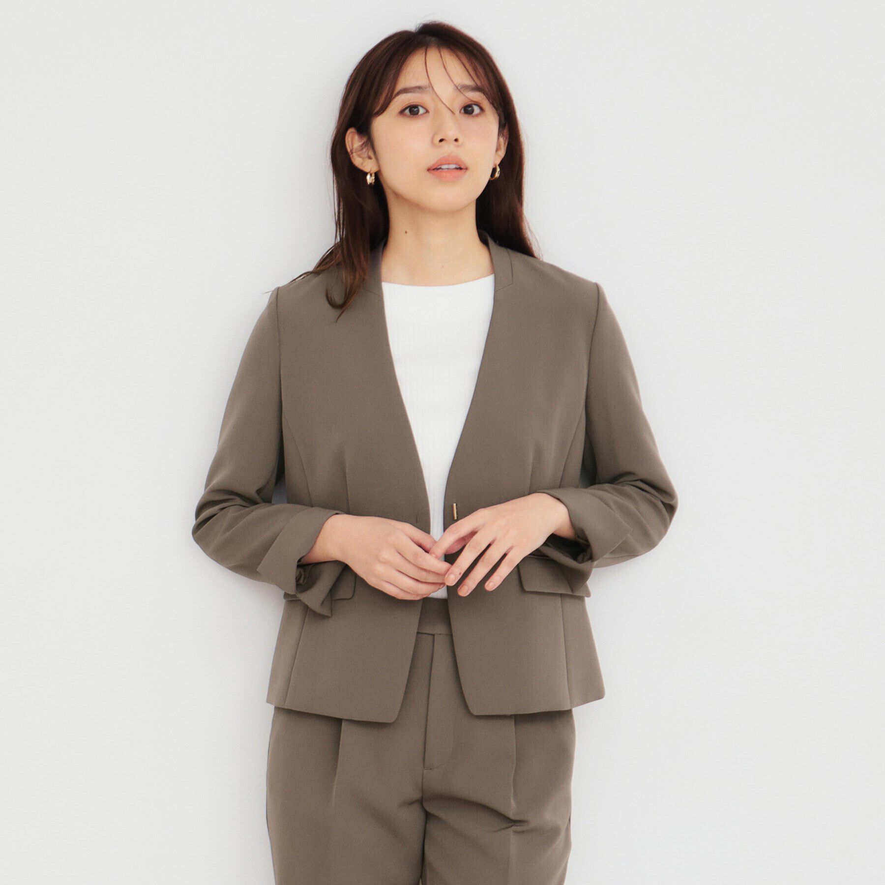 index「ダブルクロスノーカラージャケット/セットアップ対応【洗濯機洗い可/ストレッチ/防シワ/イージーアイロ」|ノーカラージャケット|