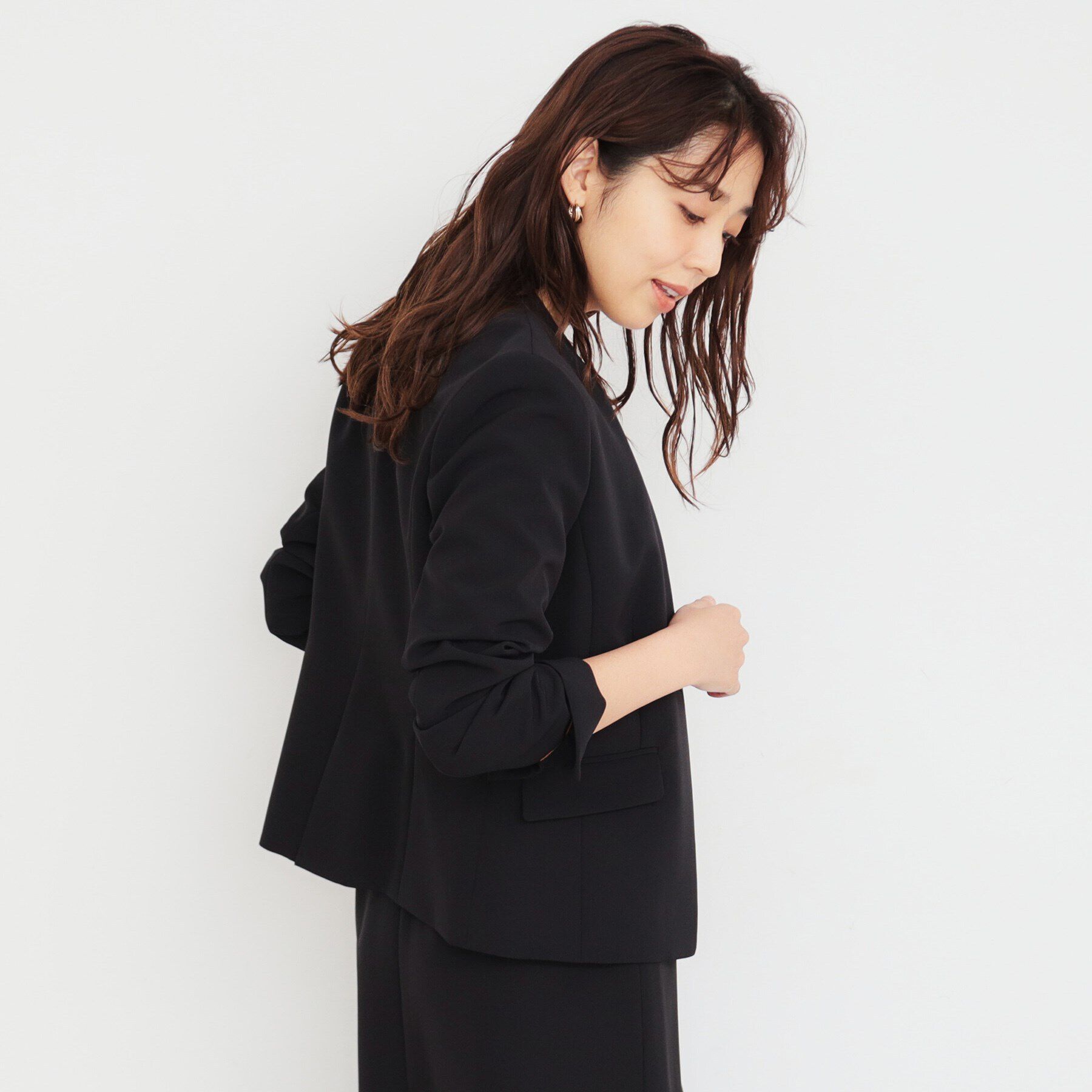 index「ダブルクロスノーカラージャケット/セットアップ対応【洗濯機洗い可/ストレッチ/防シワ/イージーアイロ」|ノーカラージャケット|