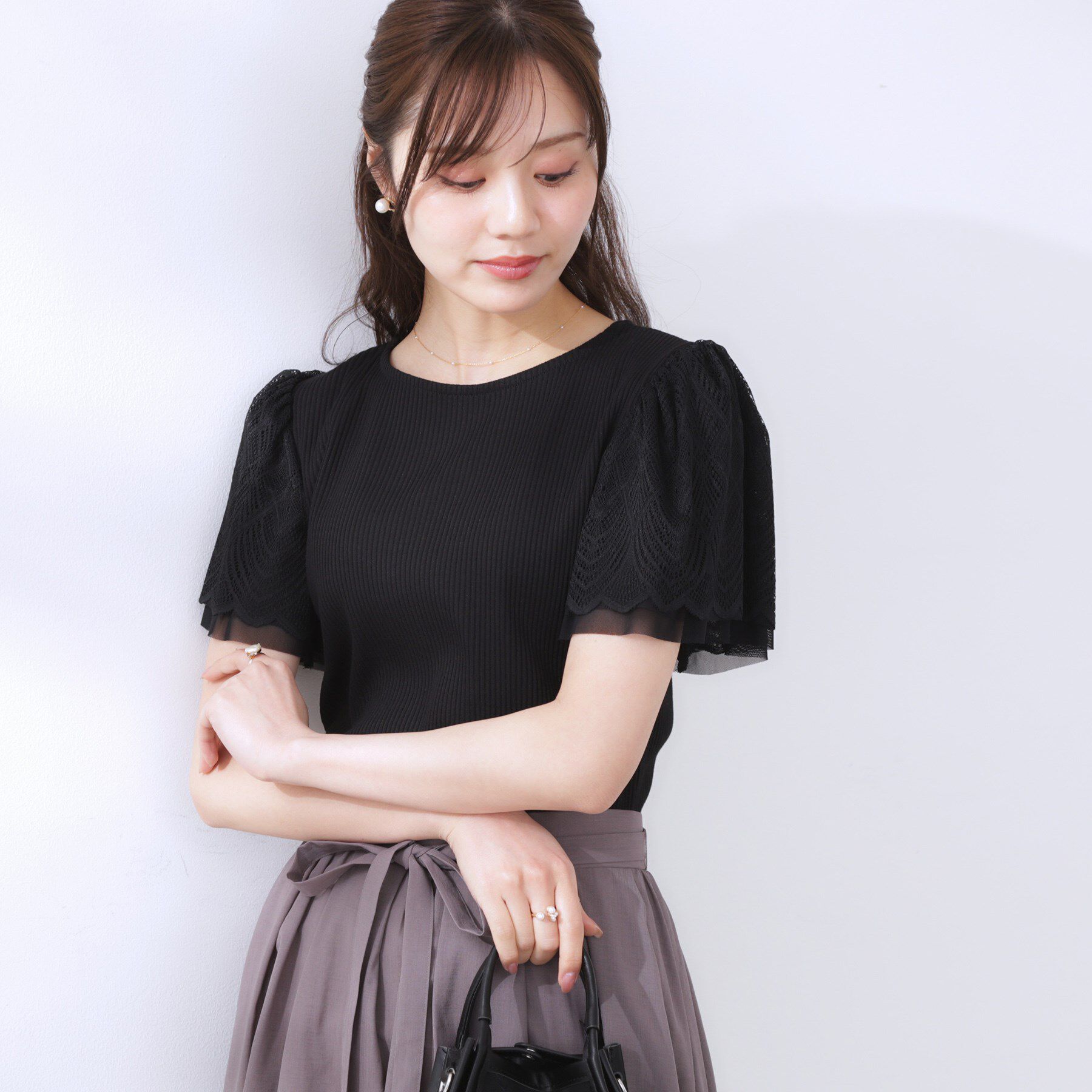 Couture broach「【二の腕カバー・通勤】レース袖テレコトップス」|Tシャツ・カットソー|