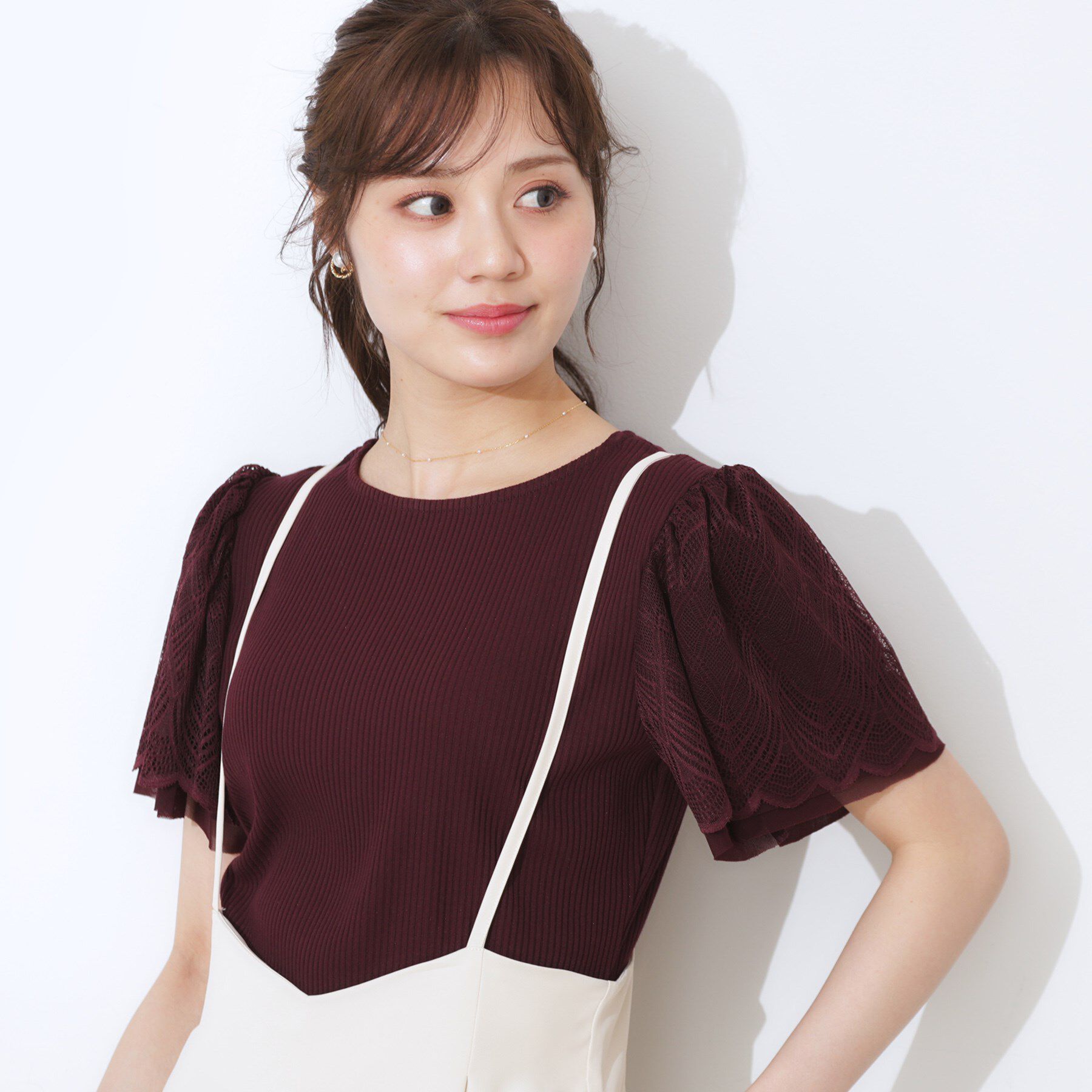 Couture broach「【二の腕カバー・通勤】レース袖テレコトップス」|Tシャツ・カットソー|