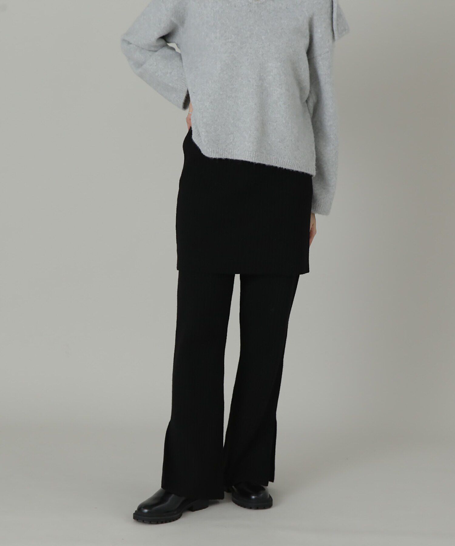  「ワイドリブニットスカートパンツセット」|その他|ブラック