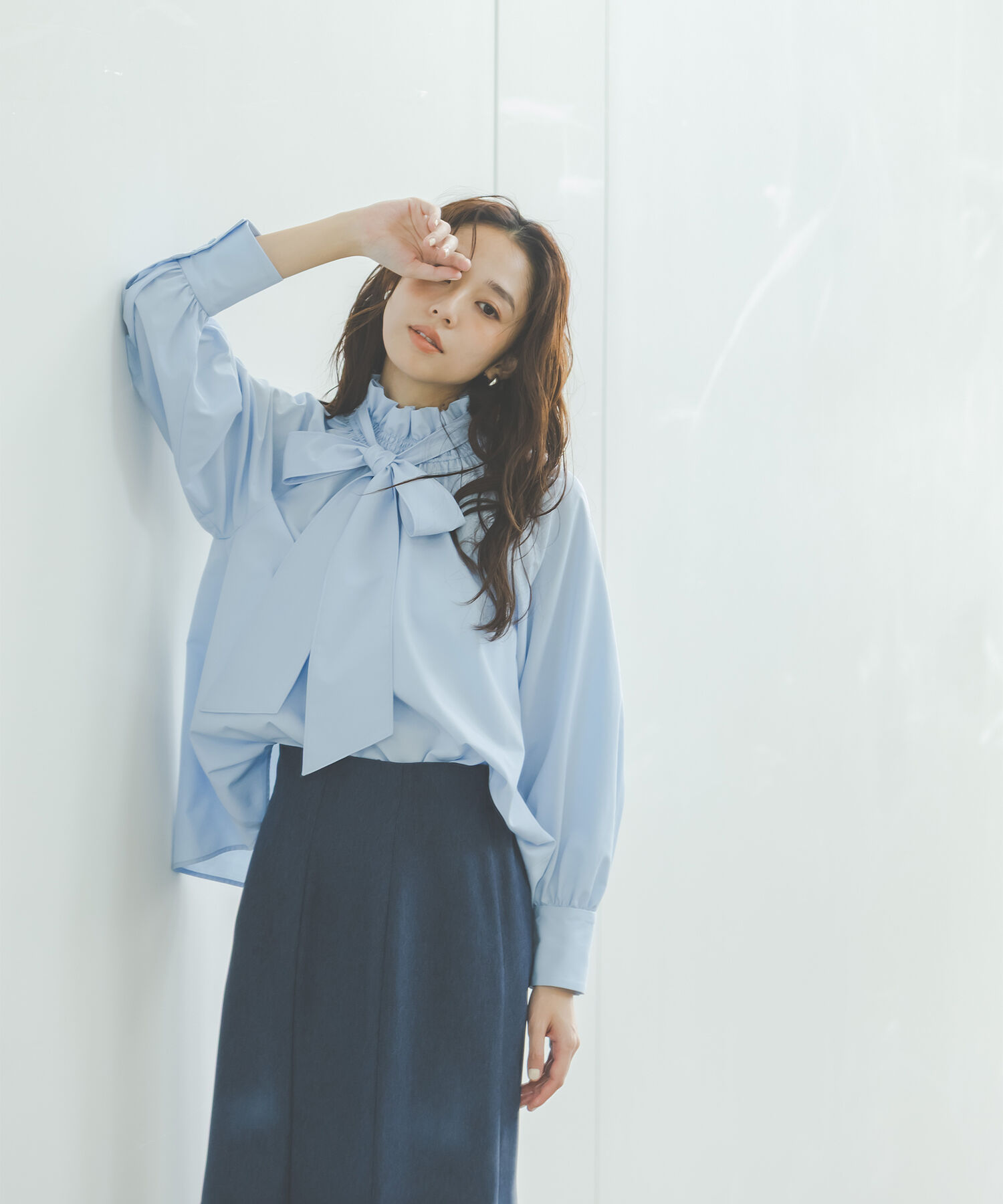  「ハイネックリボンボウブラウス」|シャツ・ブラウス|ブルー