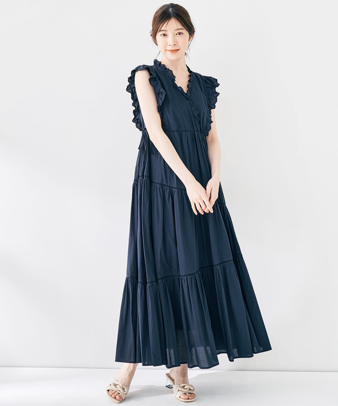COCO DEAL「エンブロイダリーフリルティアードワンピース」|ワンピース|ネイビー
