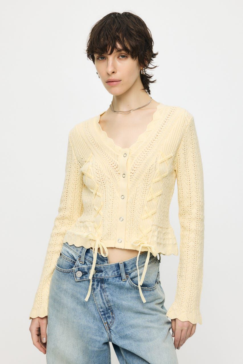 MOUSSY「LACE UP RIBBON カーディガン」|ニット・セーター|L/YEL1