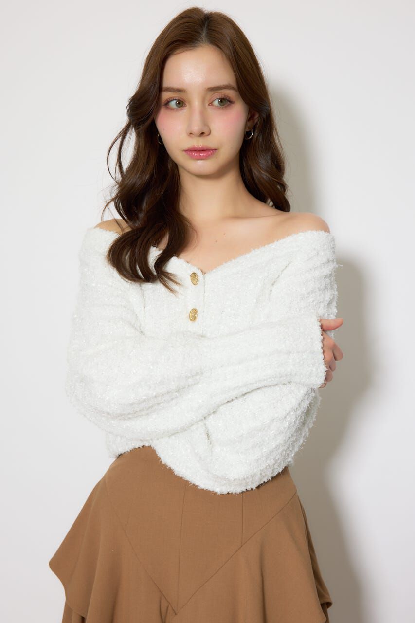 rienda「デザインボタンオフショルニットカーディガントップス」|ニット・セーター|