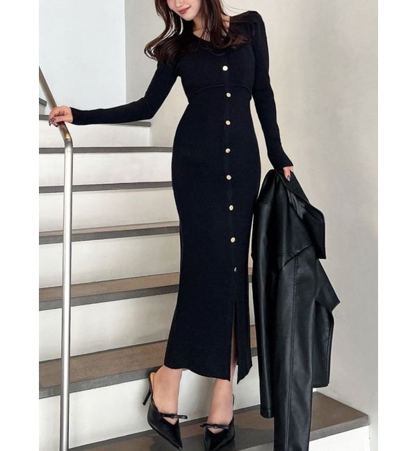 RESEXXY「ゴールドボタンタイトニットワンピース」|ワンピース|ブラック