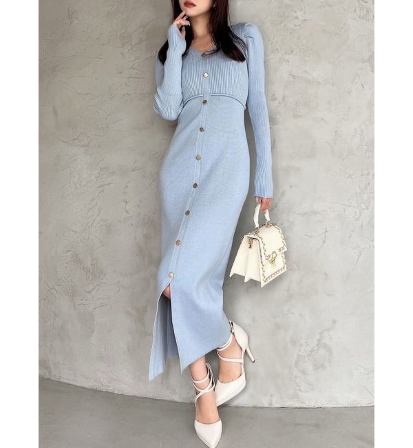 RESEXXY「ゴールドボタンタイトニットワンピース」|ワンピース|ブルー